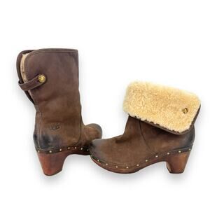UGG Lynnea brown leather fold over sheepskin lined studded heeled clog boots 7